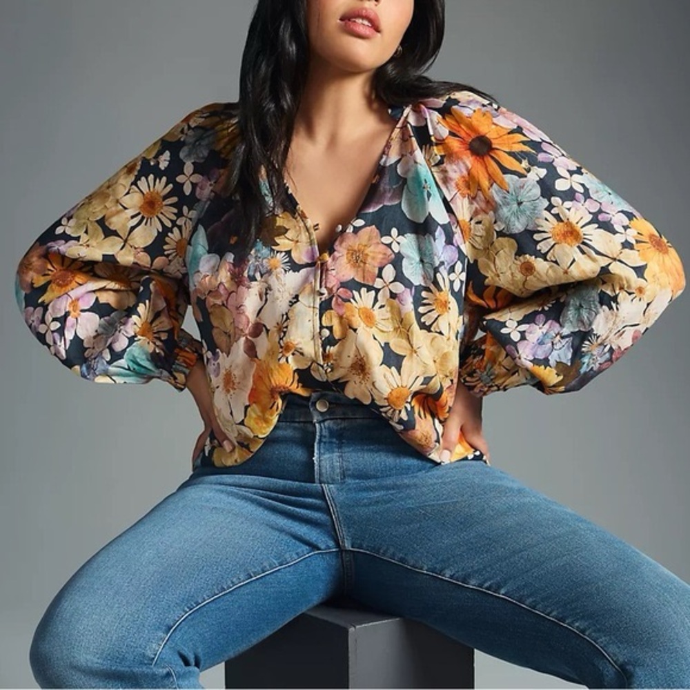 ANTHROPOLOGIE X MOXY COLLECTIVE Floral Linen Blouse Size Small Boho Peasant
